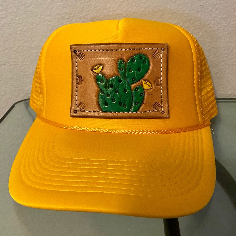 Mustard Yellow trucker hat with custom cactus leather design